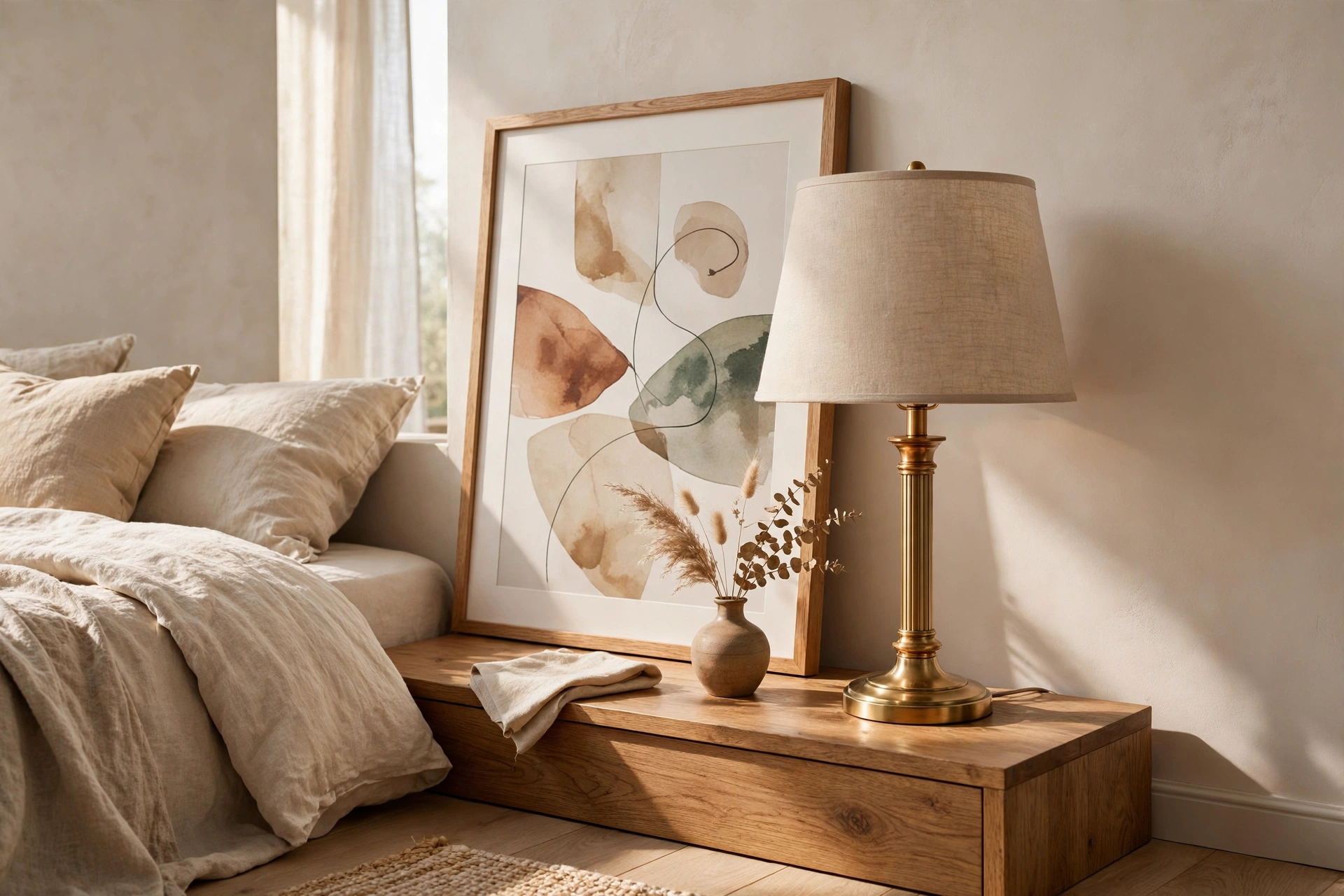 Framed Art Leaning On Wall Behind Nightstand Lamp