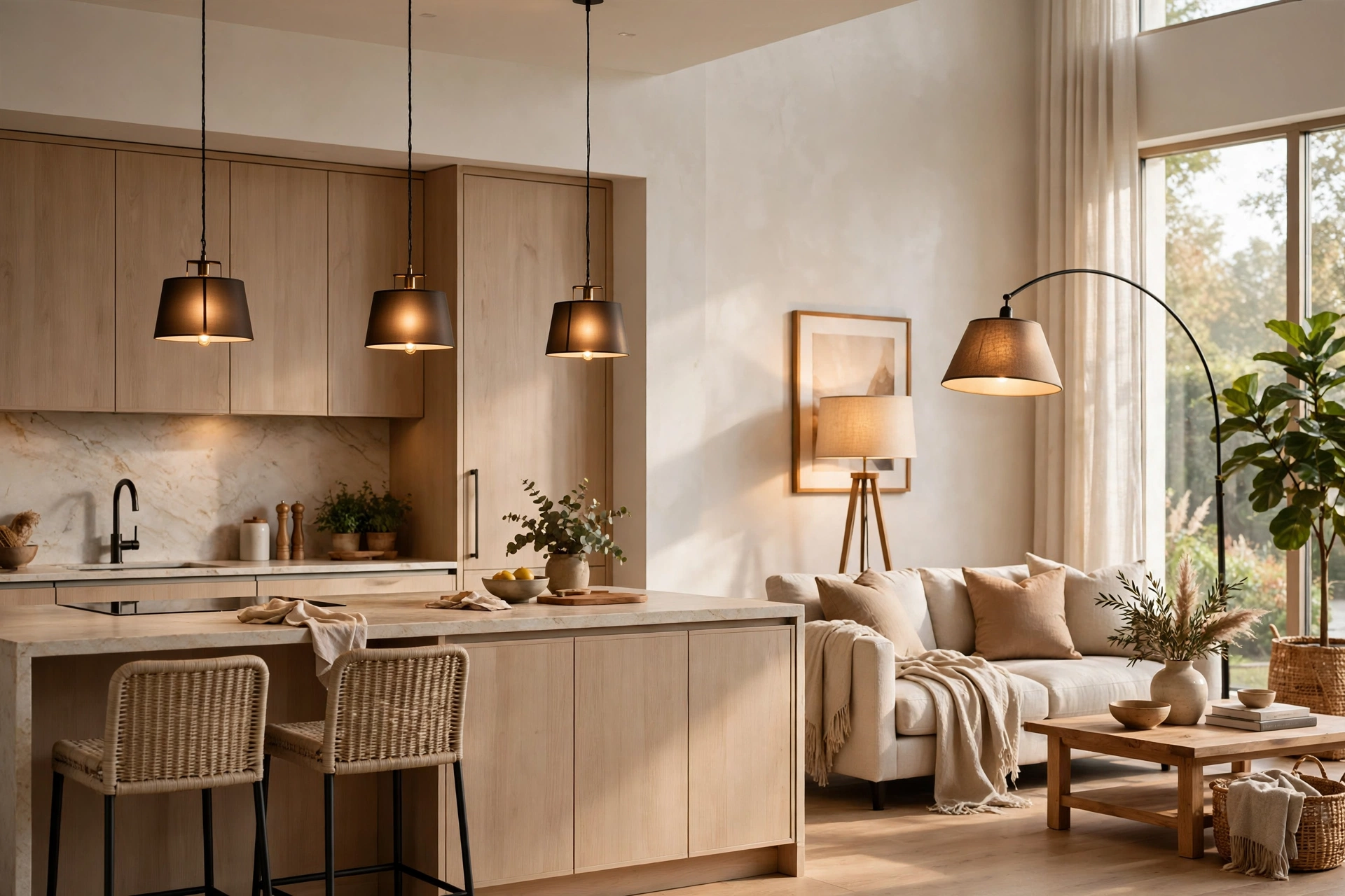 Layered Lighting With Pendant Lights Over Island And Floor Lamps In Living Room