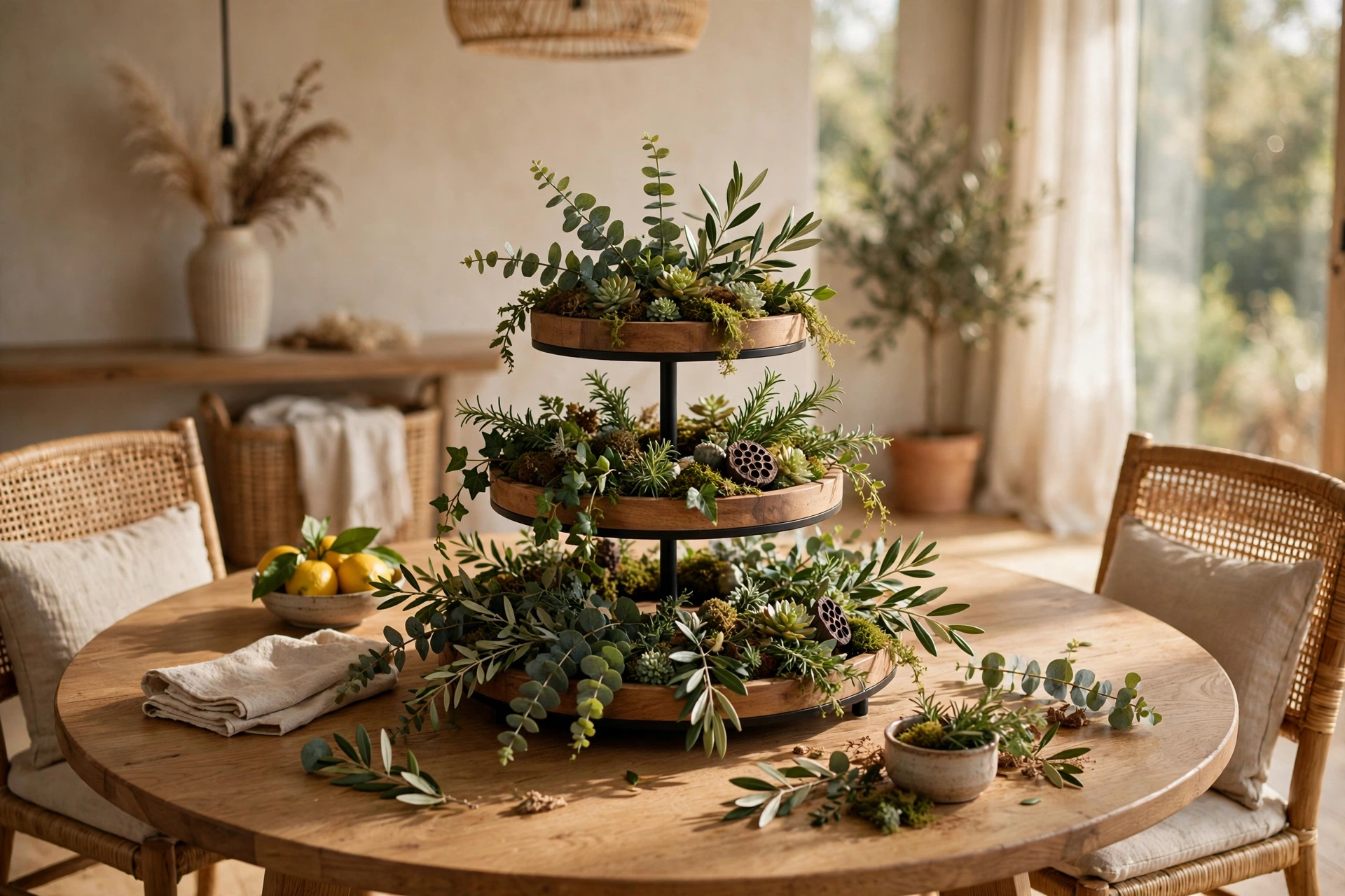 Tiered Tray With Greenery on a Round Dining Table