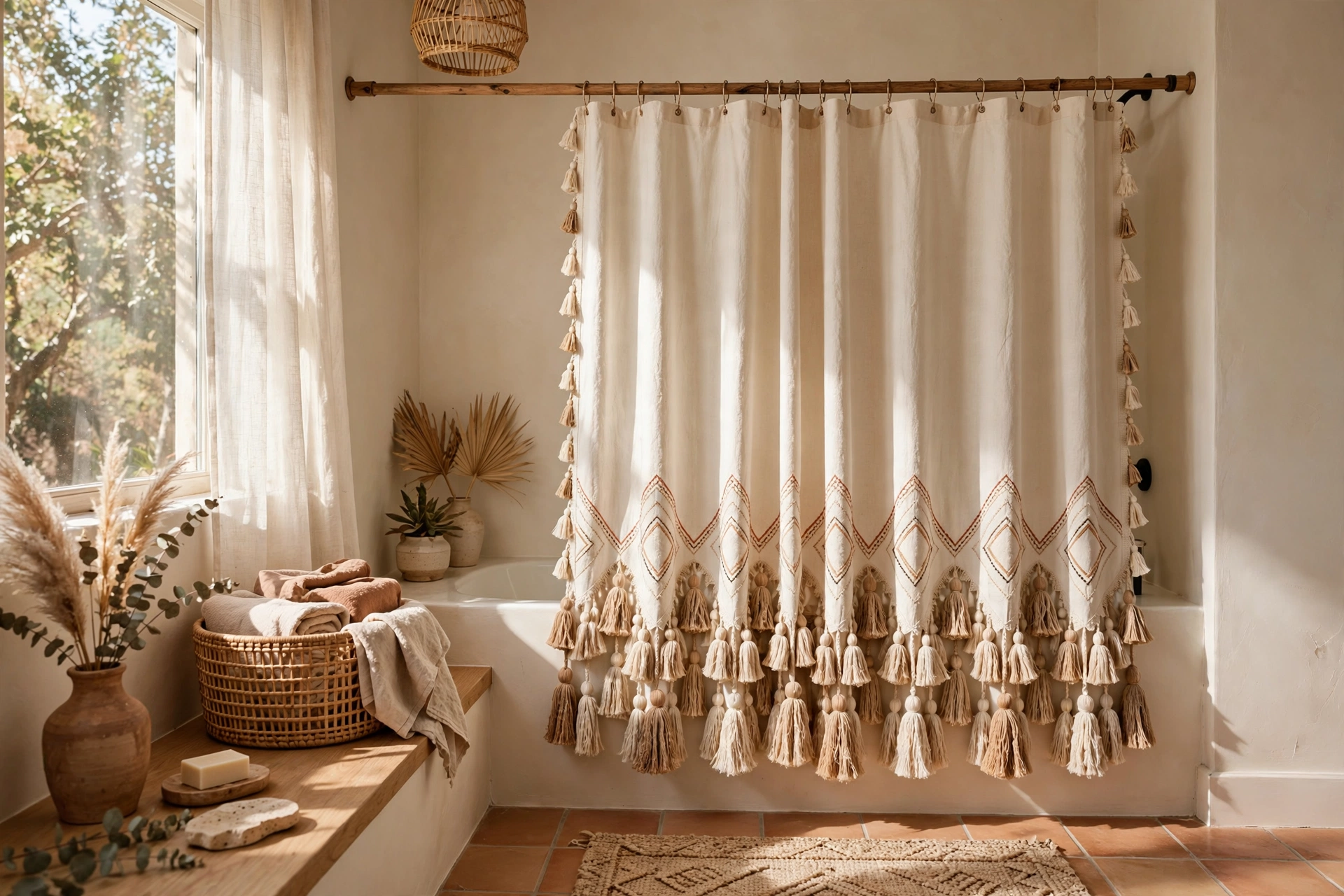 Boho Tassel Shower Curtain With Fringe Trim