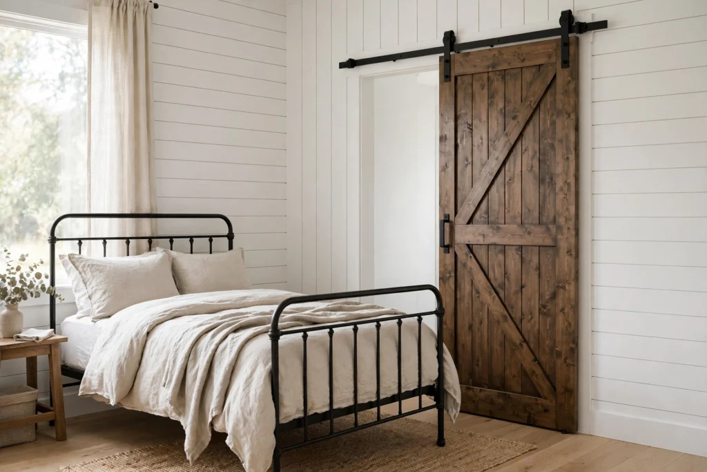 Sliding barn door on a black metal track in a farmhouse bedroom with white shiplap walls