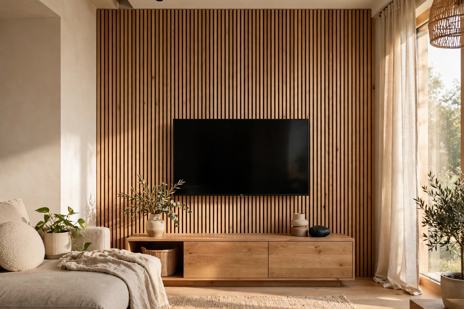Vertical Wood Slat Feature Wall Behind A TV