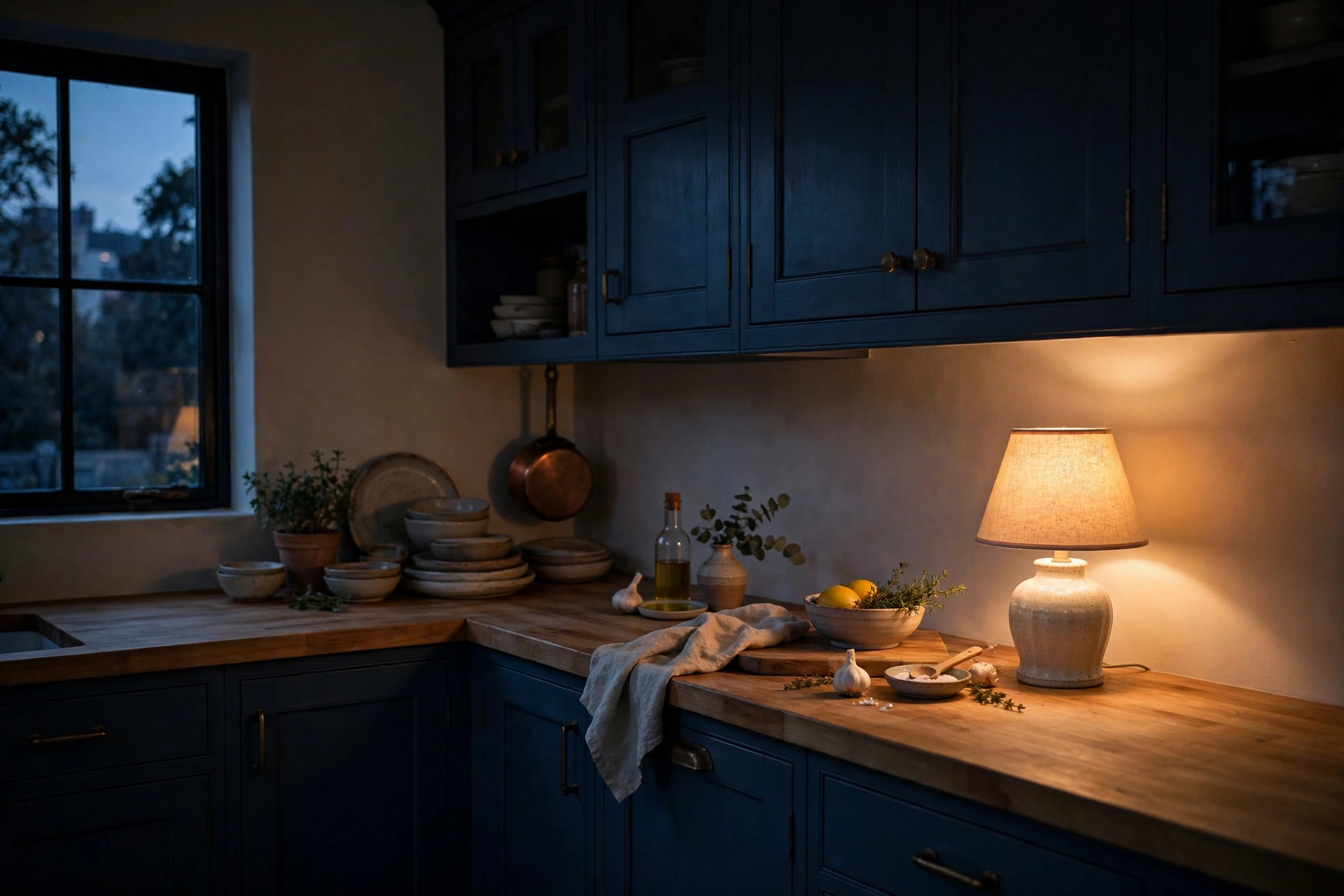 Small Countertop Lamp Glowing In Kitchen At Evening