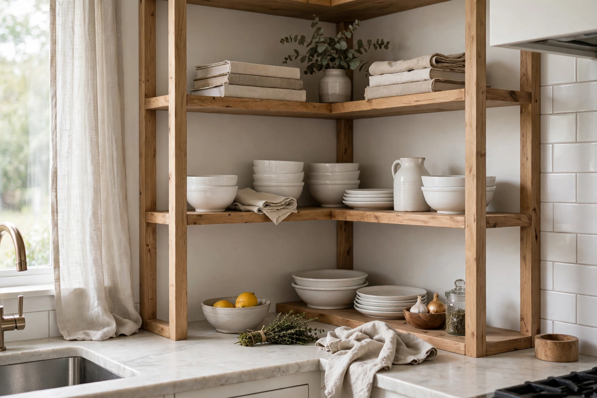 Open Corner Shelving Displaying Dishes And Bowls