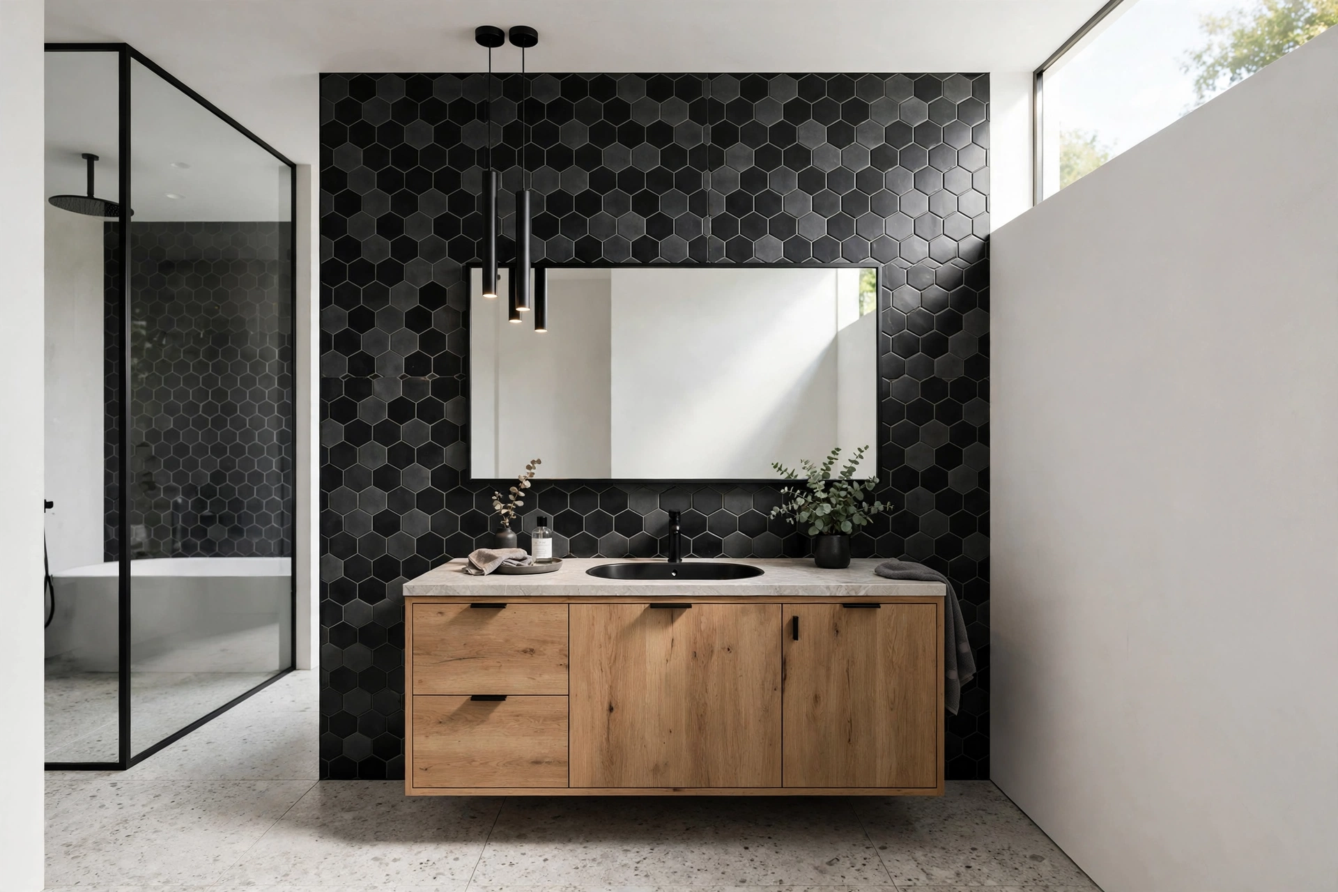 Geometric Tile Pattern Accent Wall In Bathroom