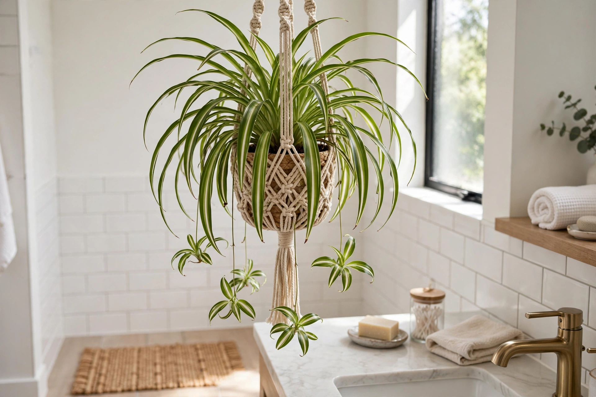 Spider Plant In Hanging Basket In Bathroom
