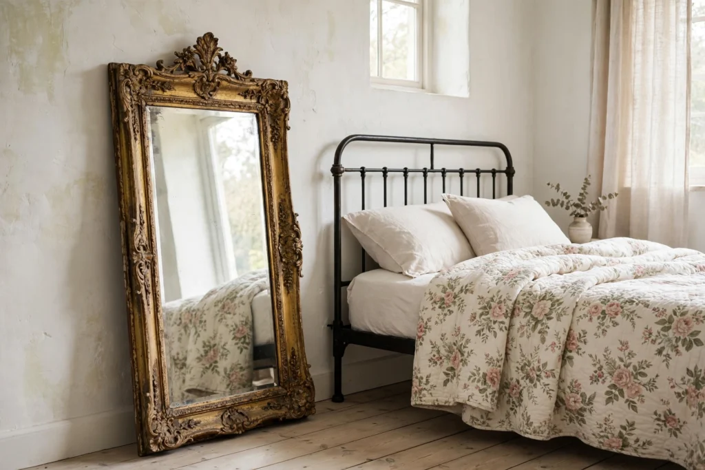 Ornate antique mirror leaning against a cottage bedroom wall catching window light