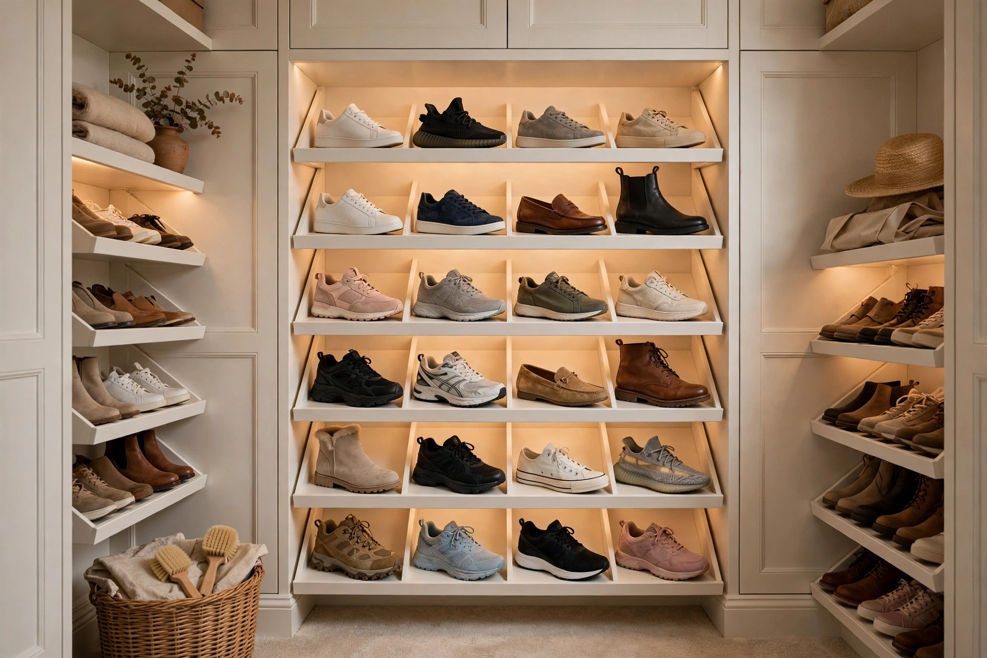 Dedicated Shoe Wall With Slanted Shelves In Closet