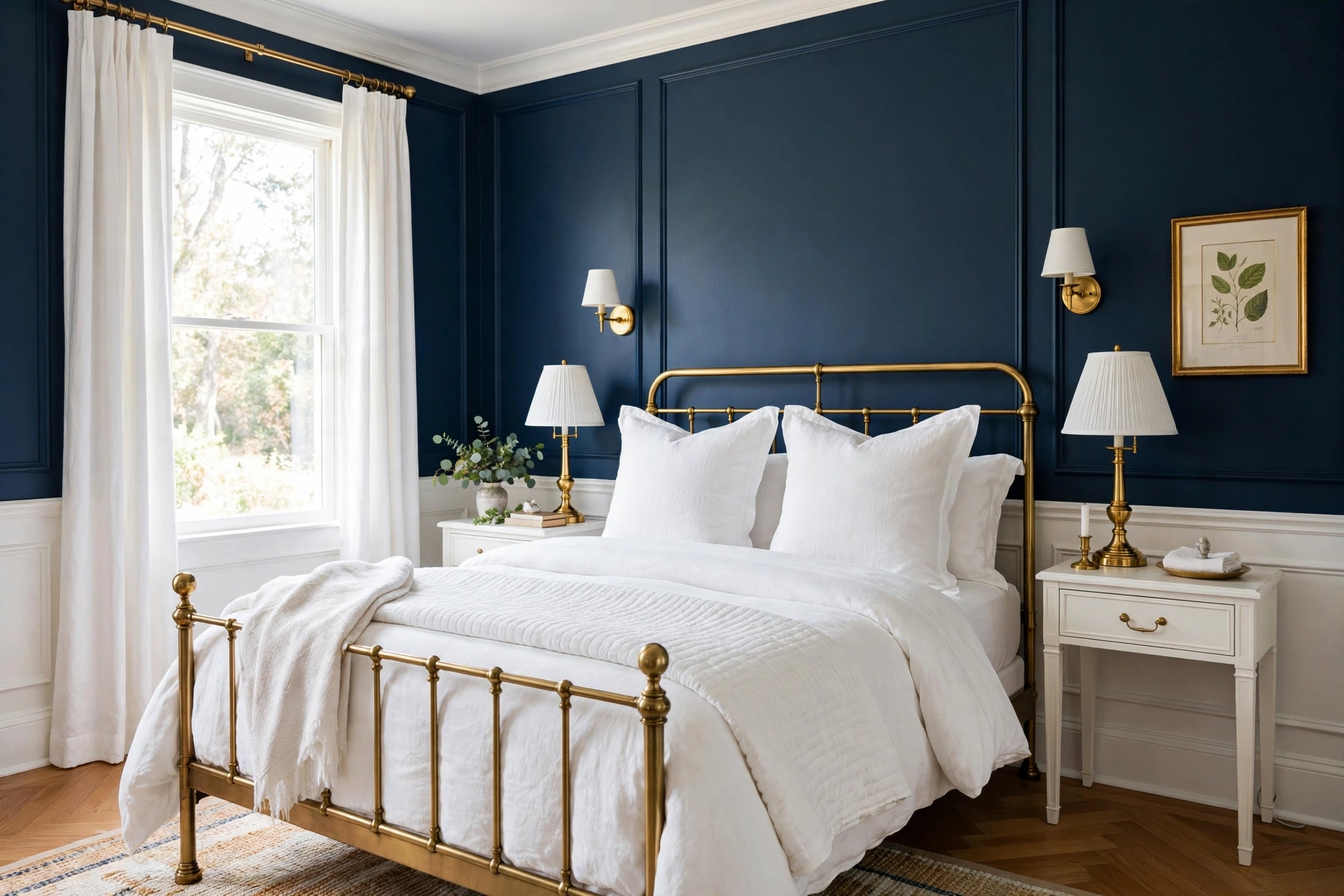 Classic Bedroom With Navy Walls And Crisp White Bedding
