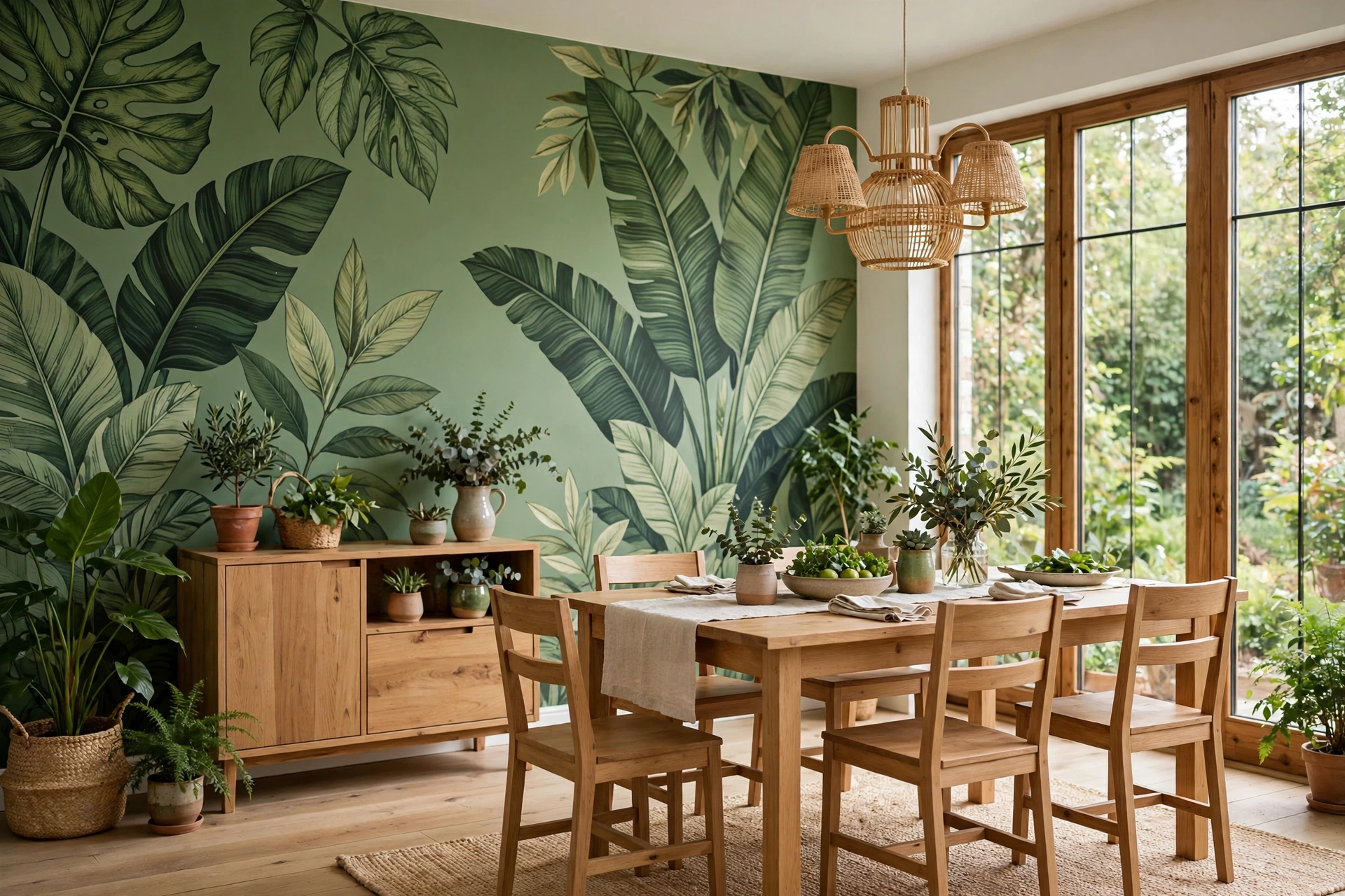 Dining Room With Oversized Botanical Leaf Wallpaper