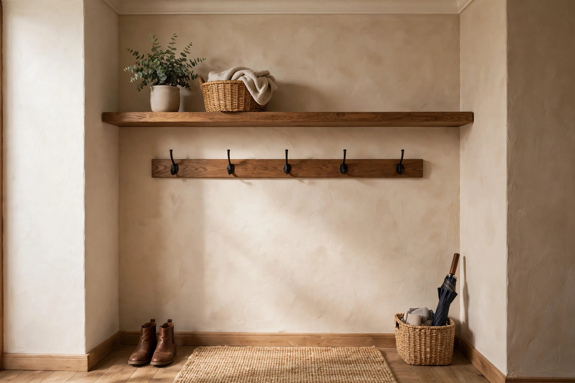 Coat Hook Rail With Shelf Above In Entryway