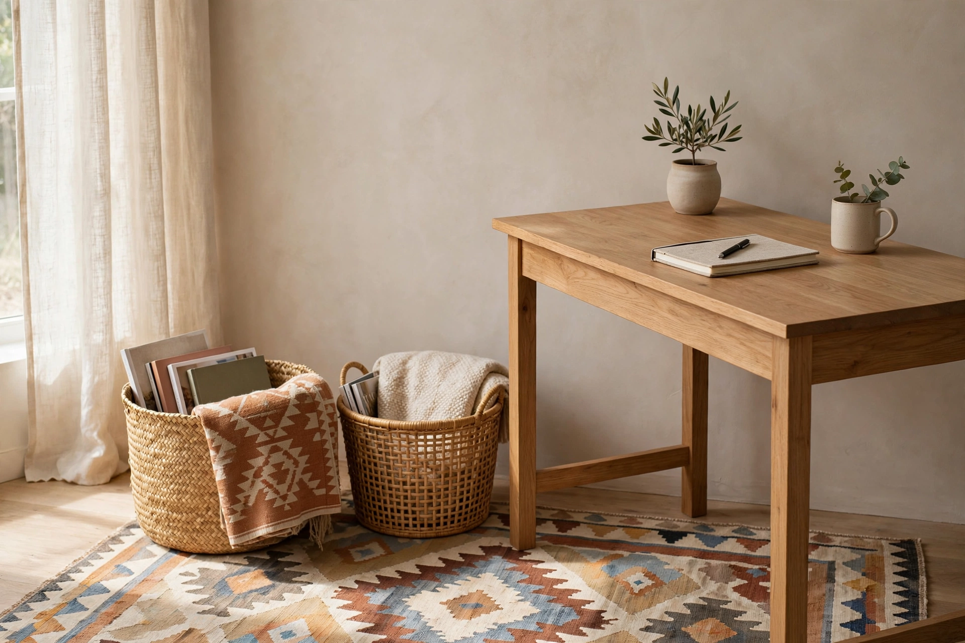 Woven seagrass and rattan storage baskets beside a boho home office desk