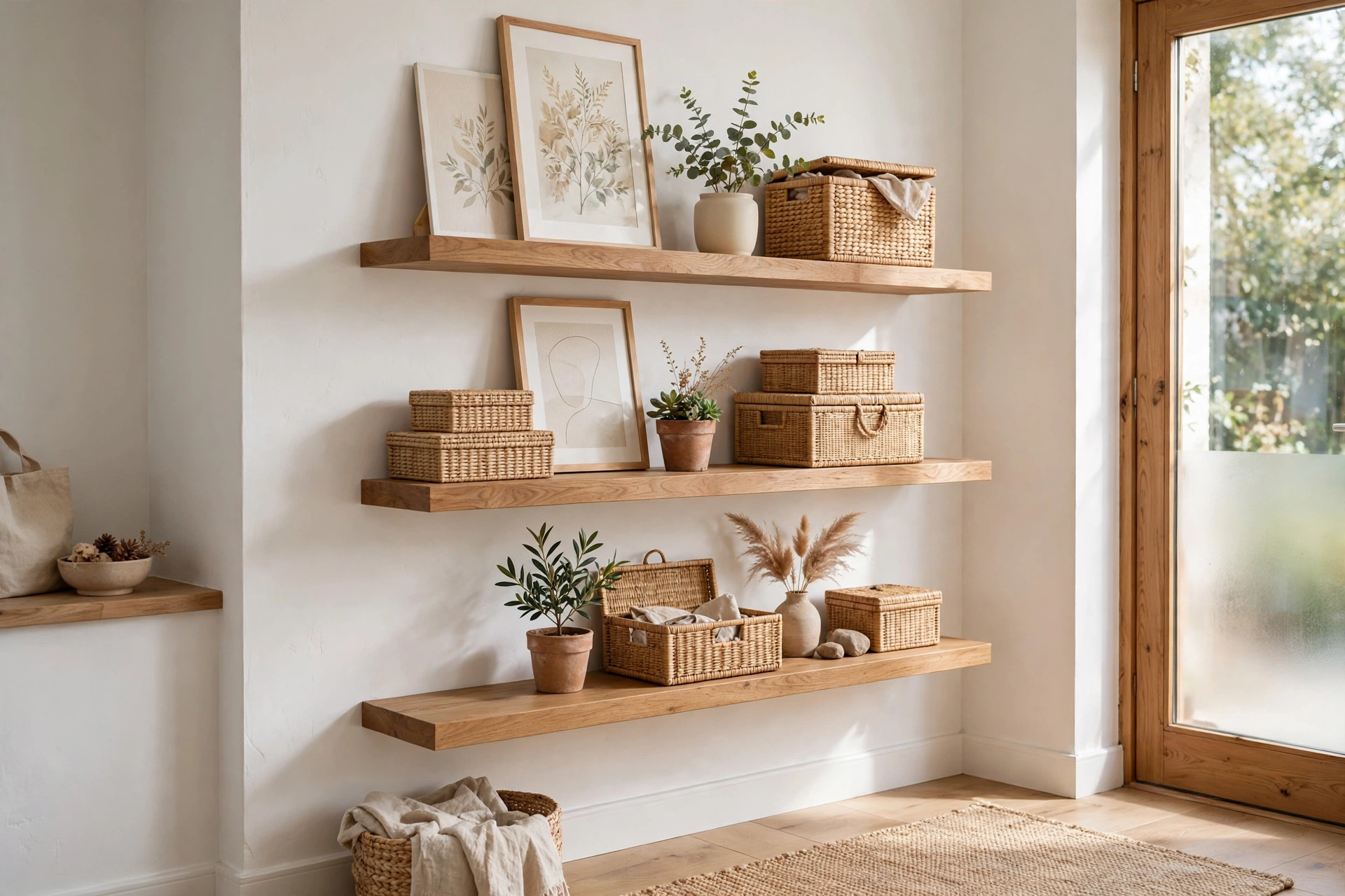 Floating Shelves With Art And Decor In Entryway