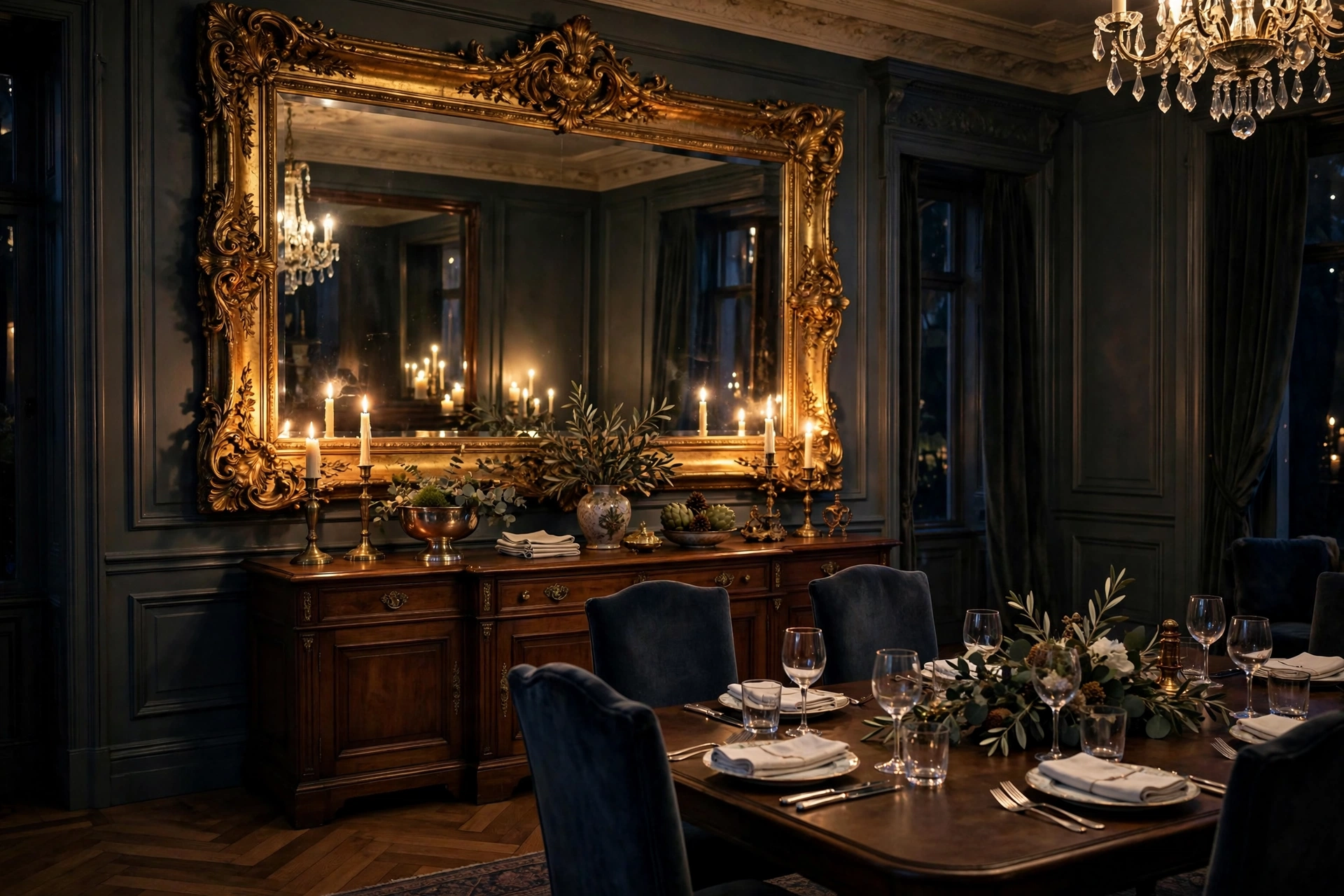 Formal Dining Room With Oversized Gilded Mirror