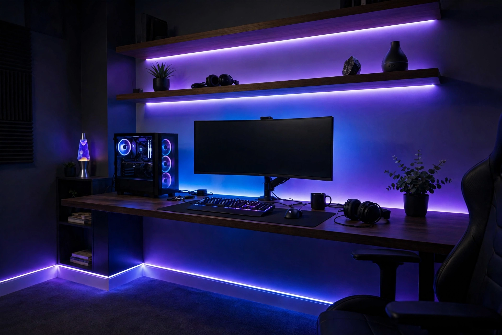 Layered LED Strip Zones Behind Gaming Desk And Shelves