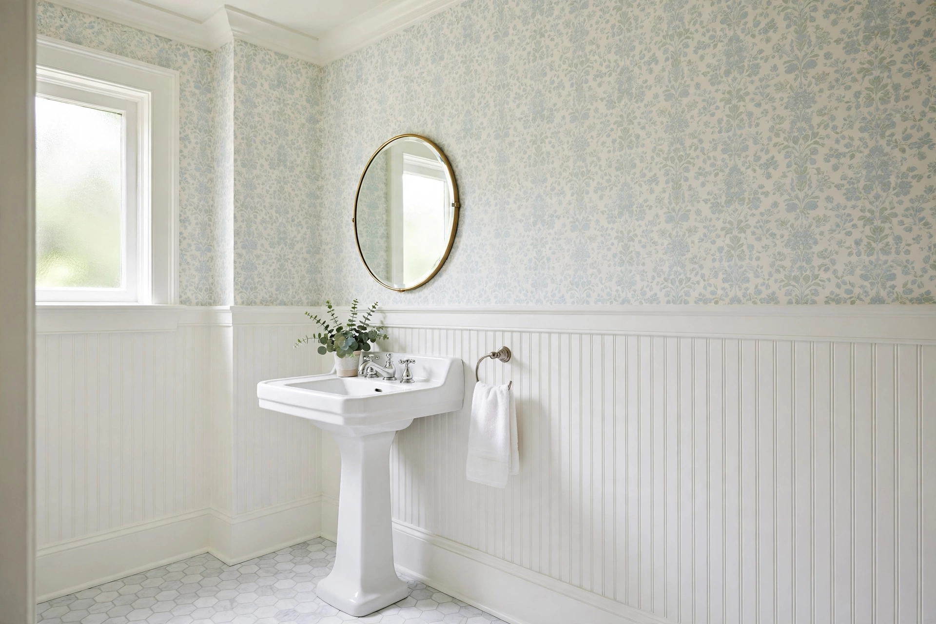 Powder Room With White Beadboard Wainscoting And Wallpaper