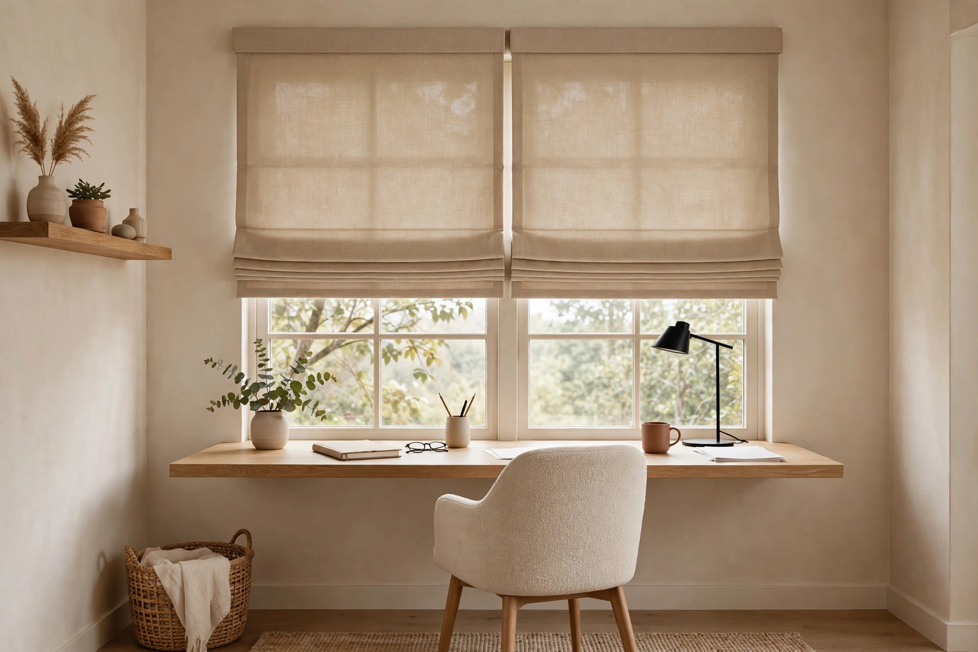 Tailored Roman Shades On A Home Office Window