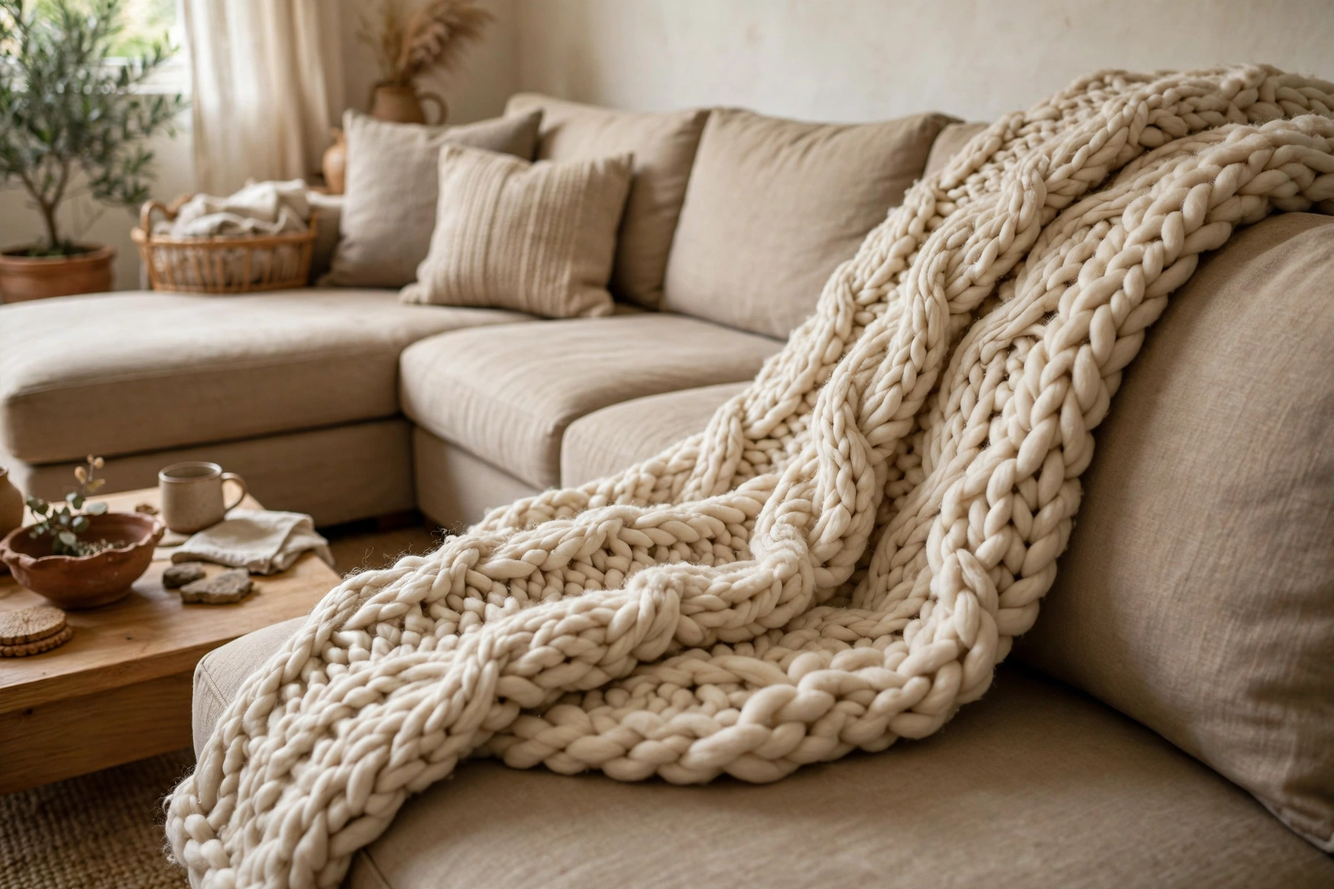 Soft Throw Blanket Draped Over Sectional Sofa Arm