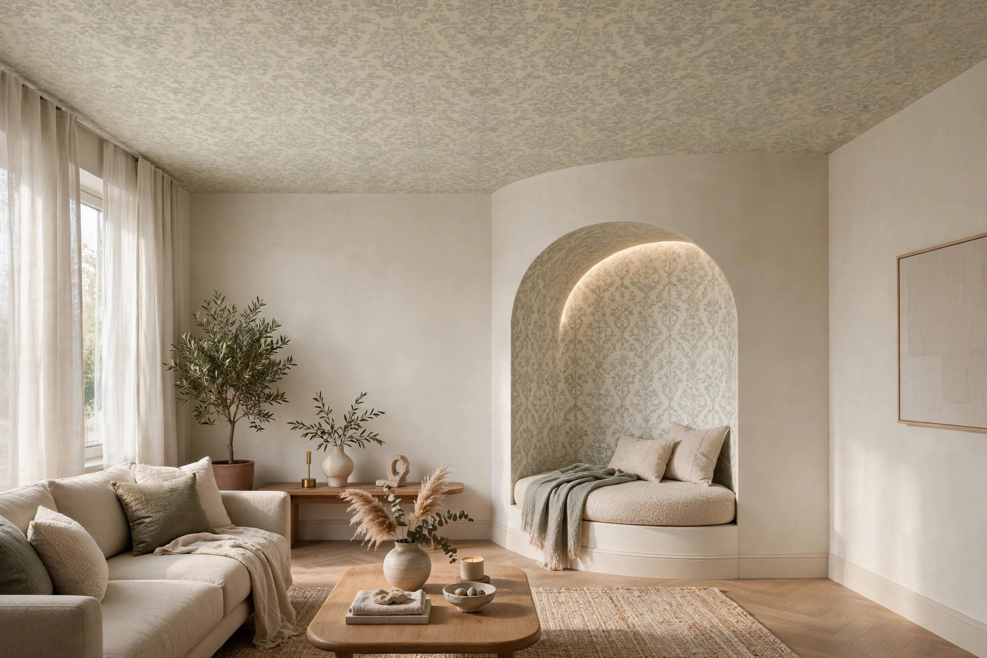 Patterned Wallpaper On A Living Room Ceiling