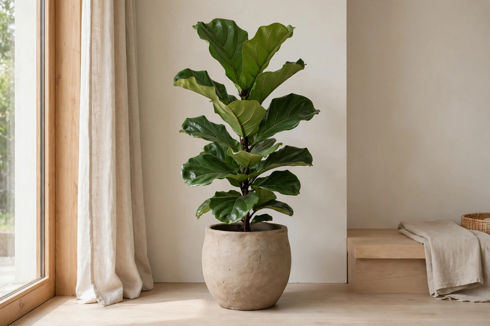 Fiddle leaf fig in handmade clay pot in bright Japandi living room corner