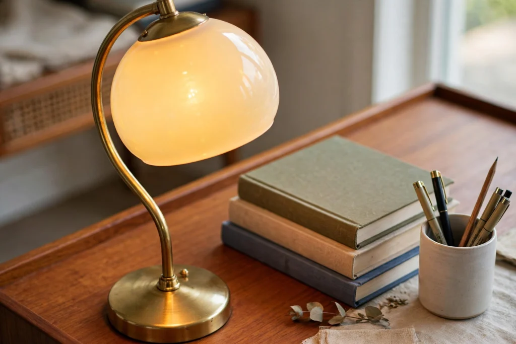 Opal glass globe desk lamp with brass stem glowing on a teak writing desk