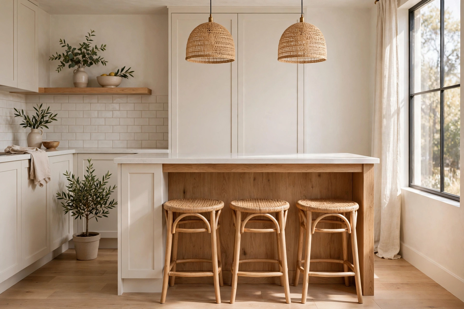 Backless bar stools tucked neatly under a small kitchen island