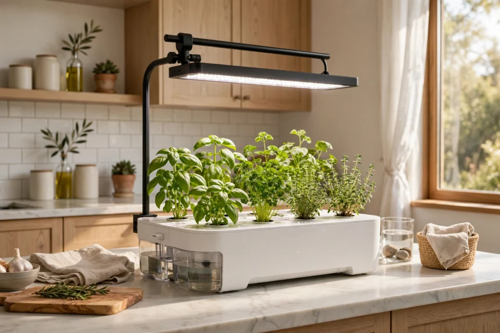 Countertop hydroponic herb garden with grow light in a kitchen
