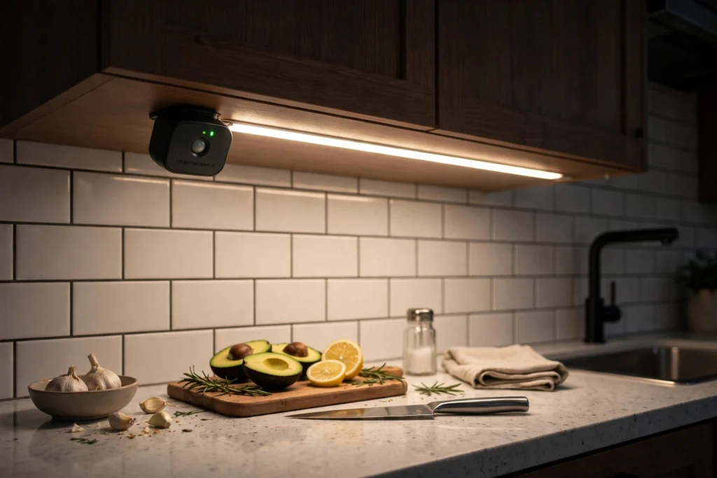 Motion sensor under cabinet light switching on above a kitchen counter