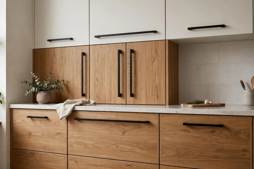 Mixed-length bar pulls on modern flat-panel kitchen cabinets and wide drawers