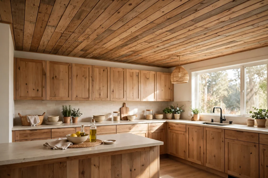 Natural wood plank ceiling warming a cozy kitchen interior