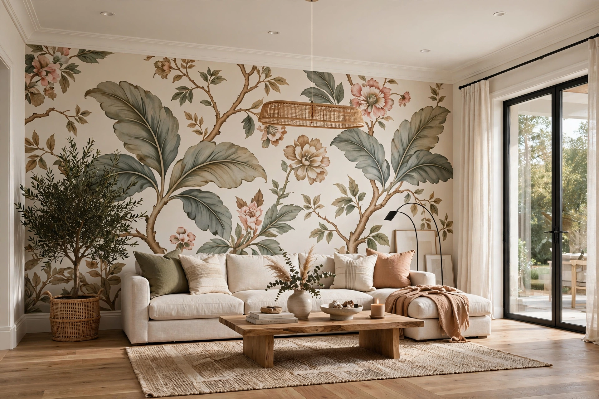 Large-scale wallpaper pattern perfectly scaled to a spacious living room