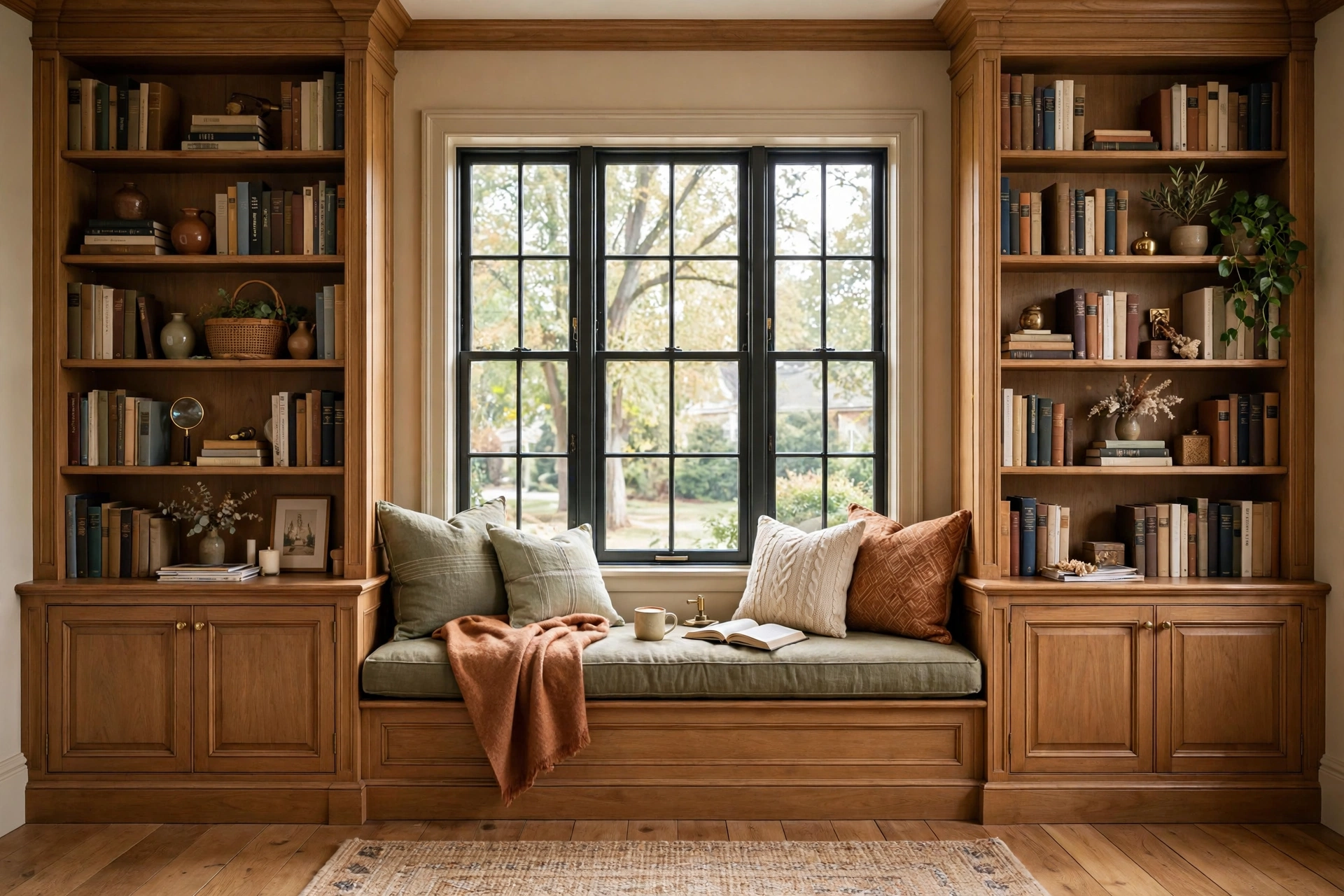 Window seat flanked by built-in bookshelves creating a living room library wall