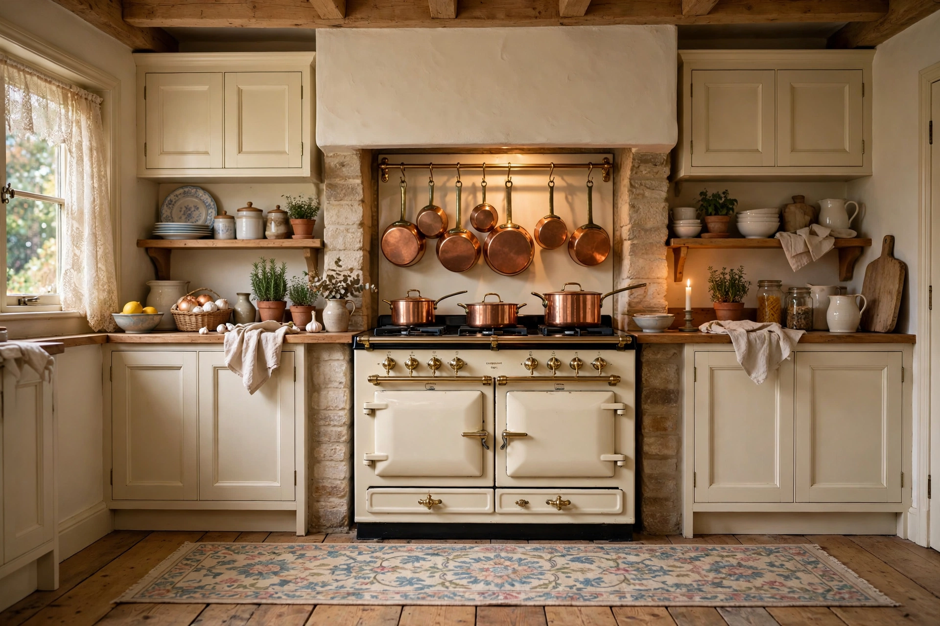 Cream vintage-style range cooker with copper pots in a cottage kitchen