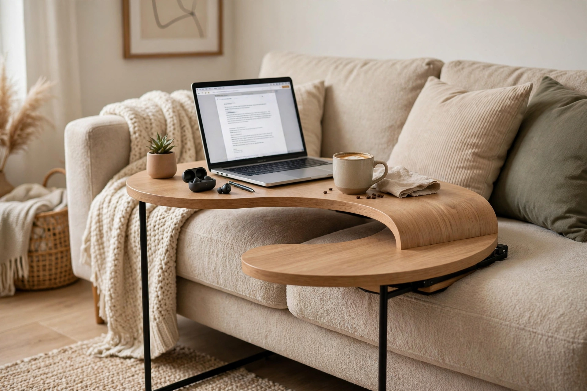C-shaped side table slid over a sofa seat holding a laptop and coffee