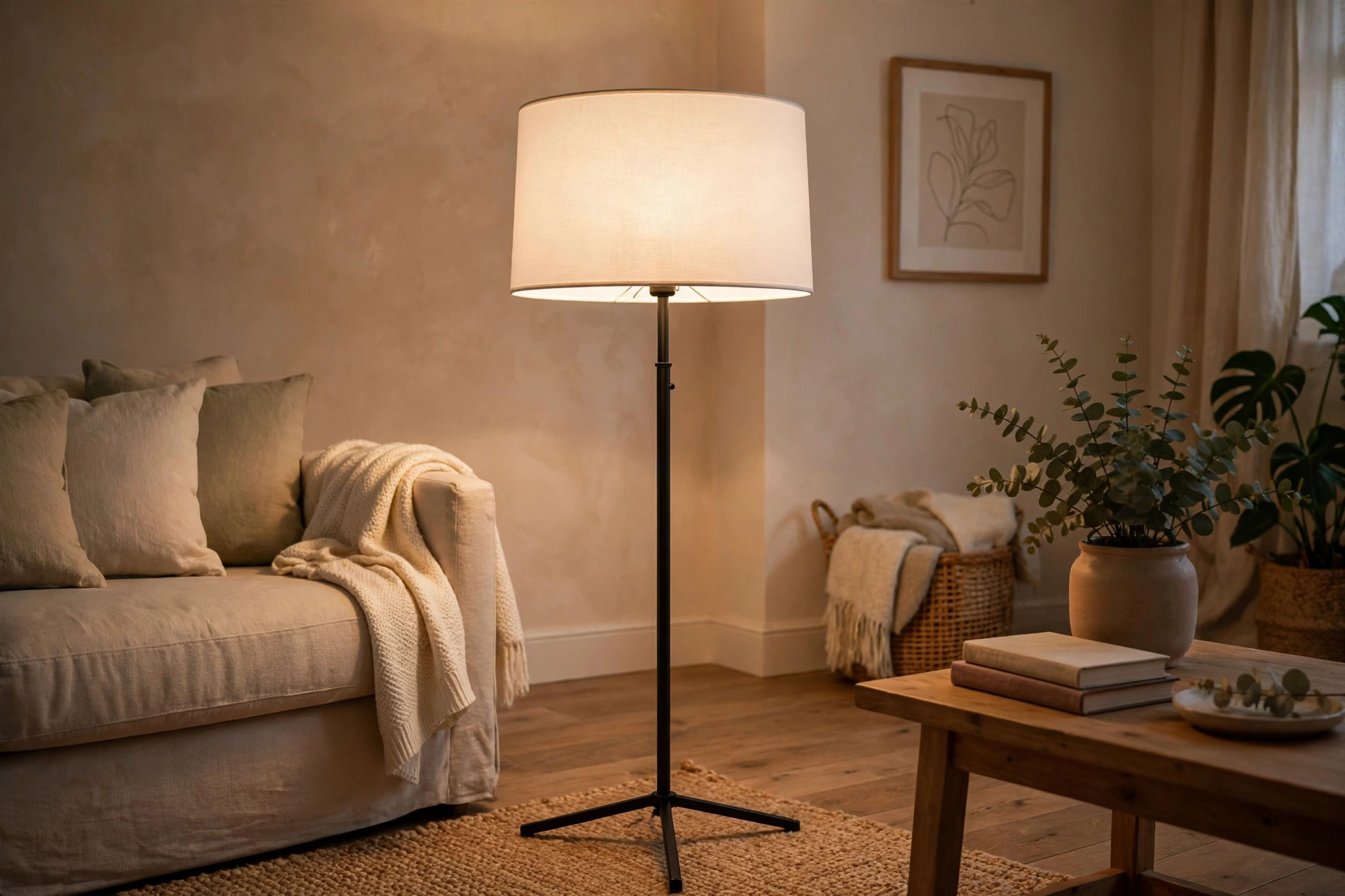 White drum shade floor lamp spreading soft ambient light