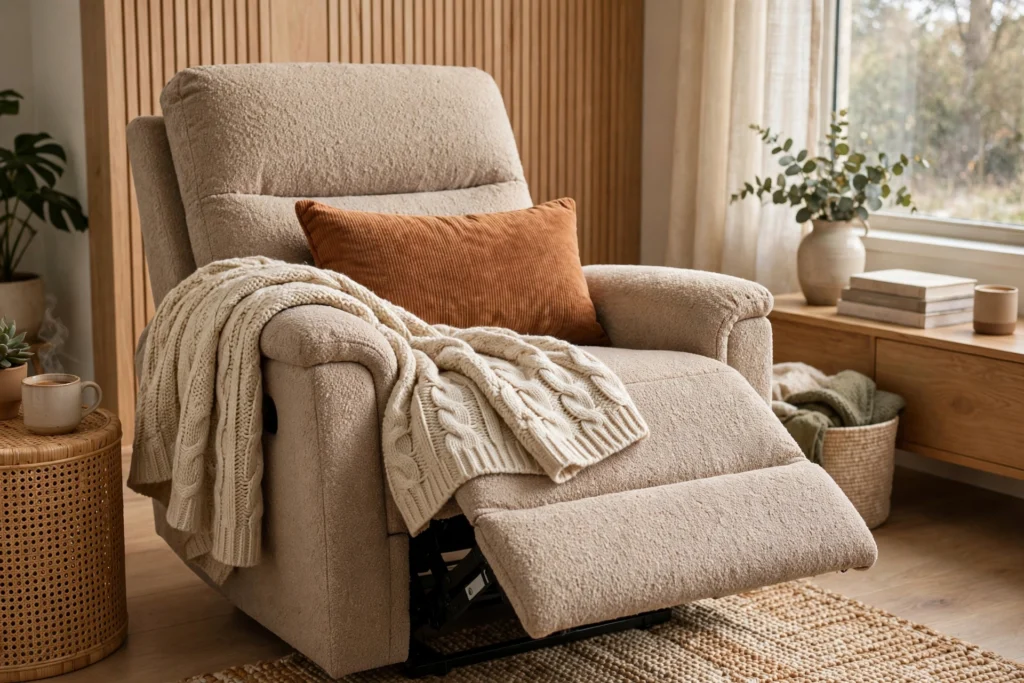 Recliner styled with a knit throw blanket and lumbar pillow in a living room