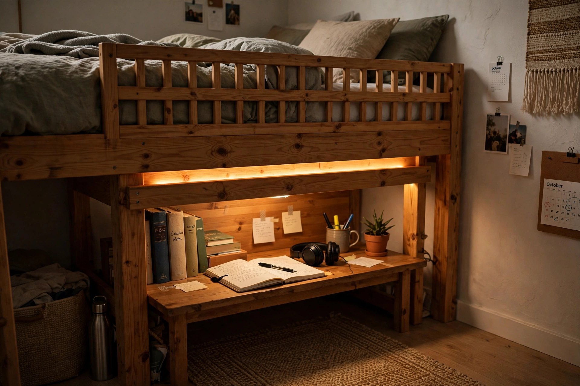 Study desk tucked under a loft bed with a small light glowing beneath the frame