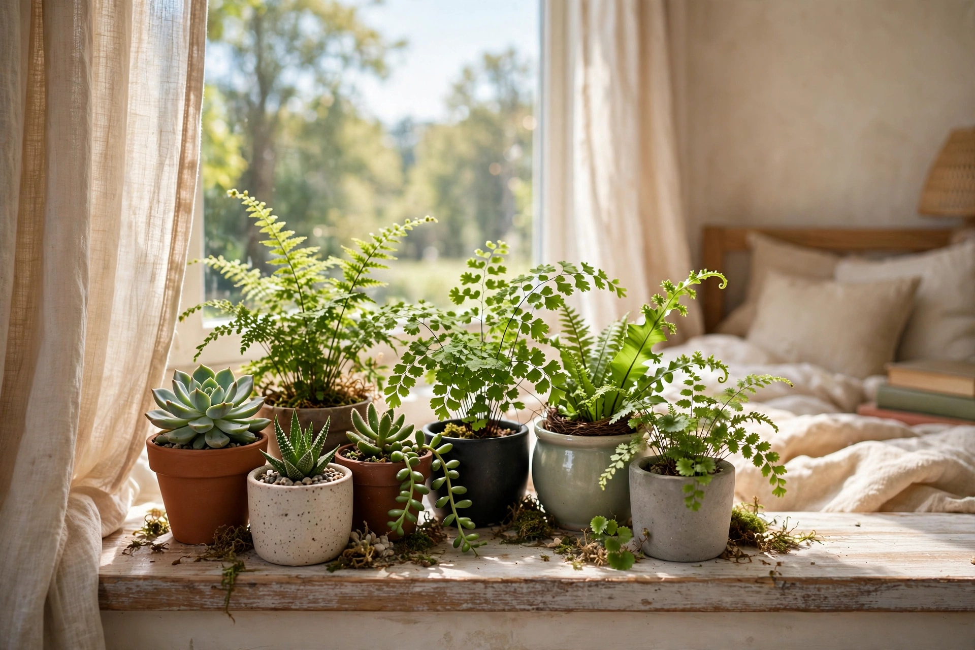 Cluster of small potted succulents and ferns arranged on a bright bedroom windowsill