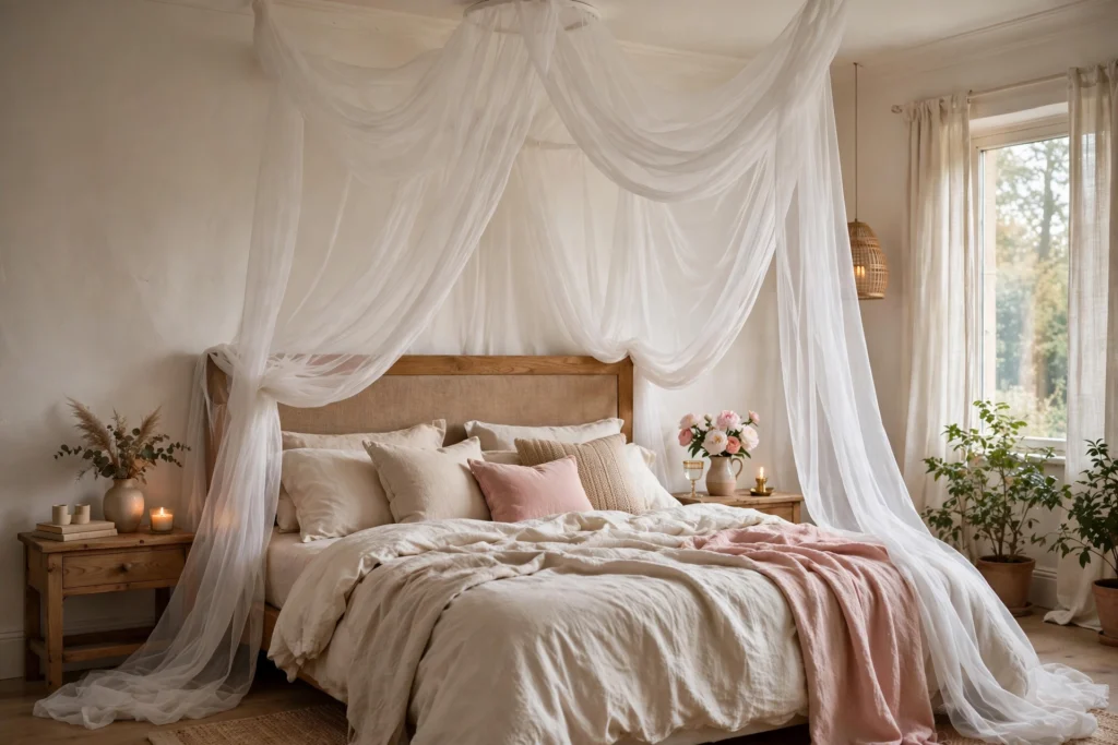 Romantic bedroom with sheer white canopy fabric draped from the ceiling above the bed