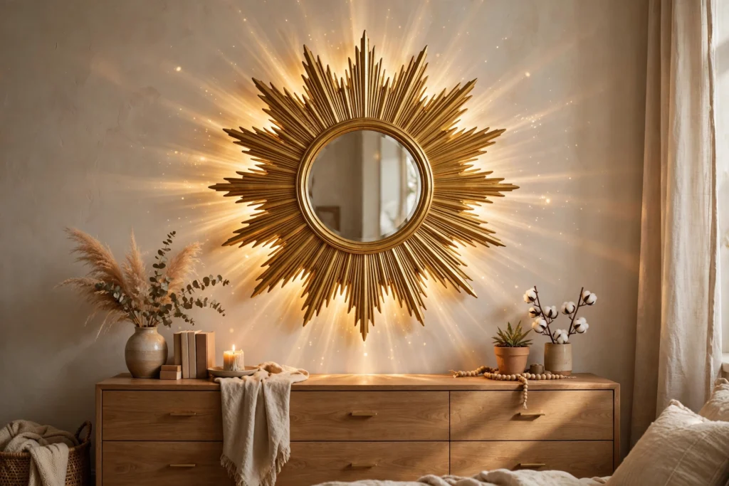 Gold sunburst mirror as a focal point above a low bedroom dresser, warm rays radiating around the glass