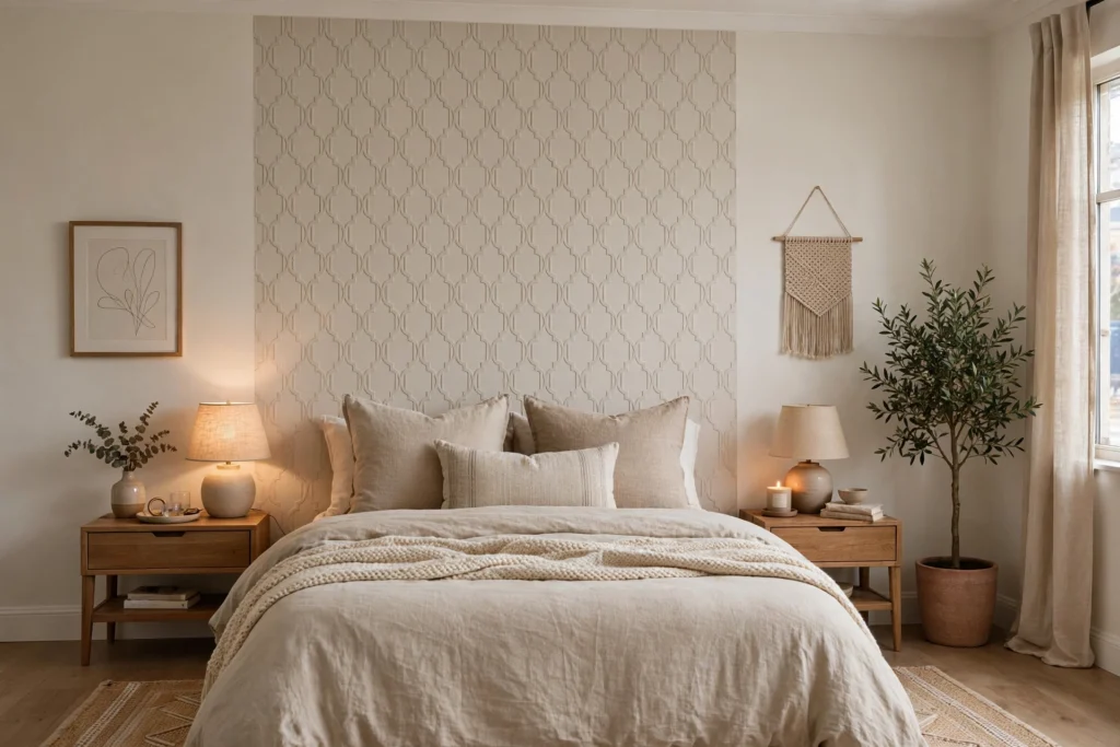 Bedroom with a subtle tone-on-tone geometric trellis wallpaper accent wall