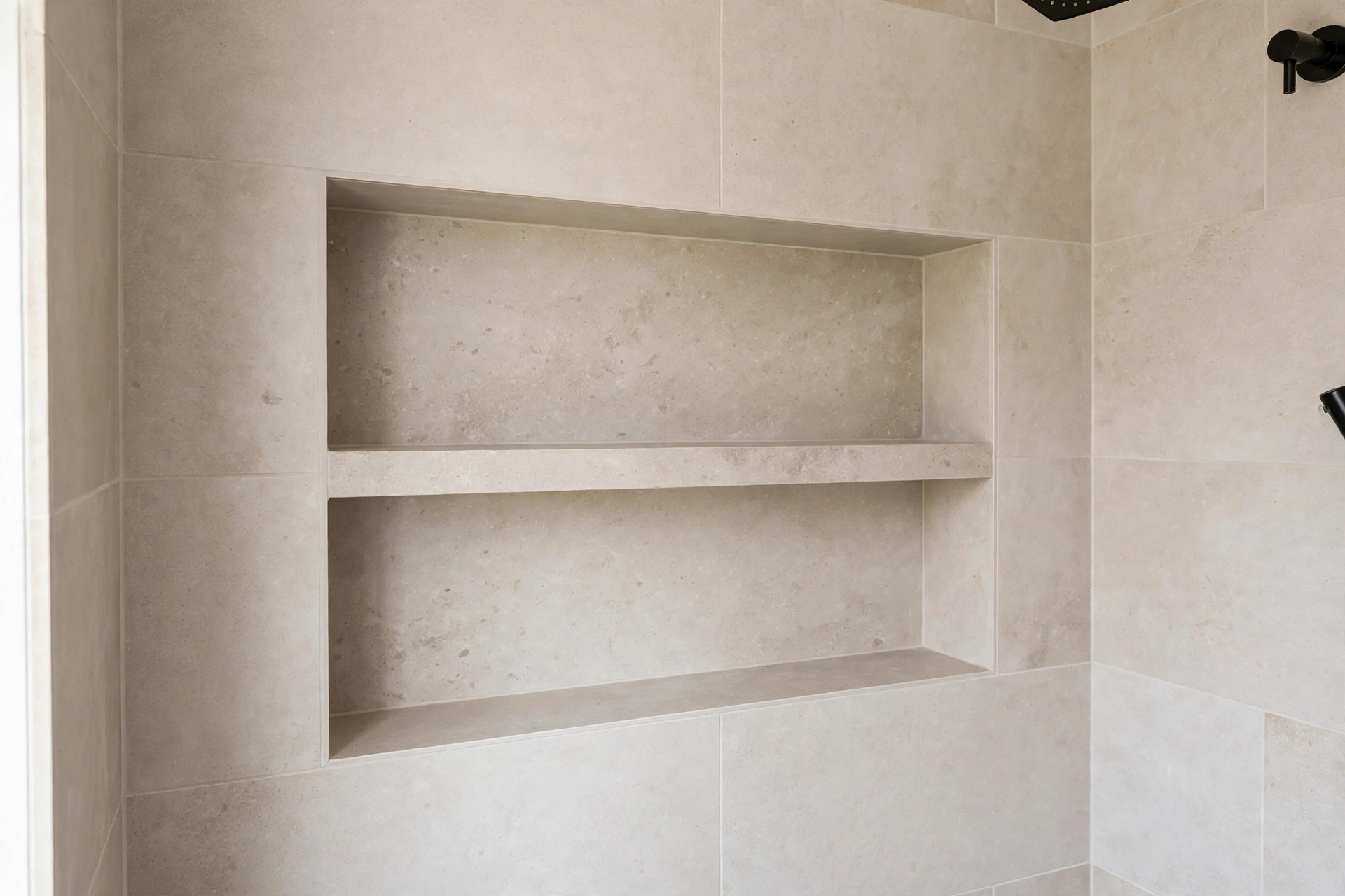 Shower niche with a solid stone slab shelf for easy cleaning