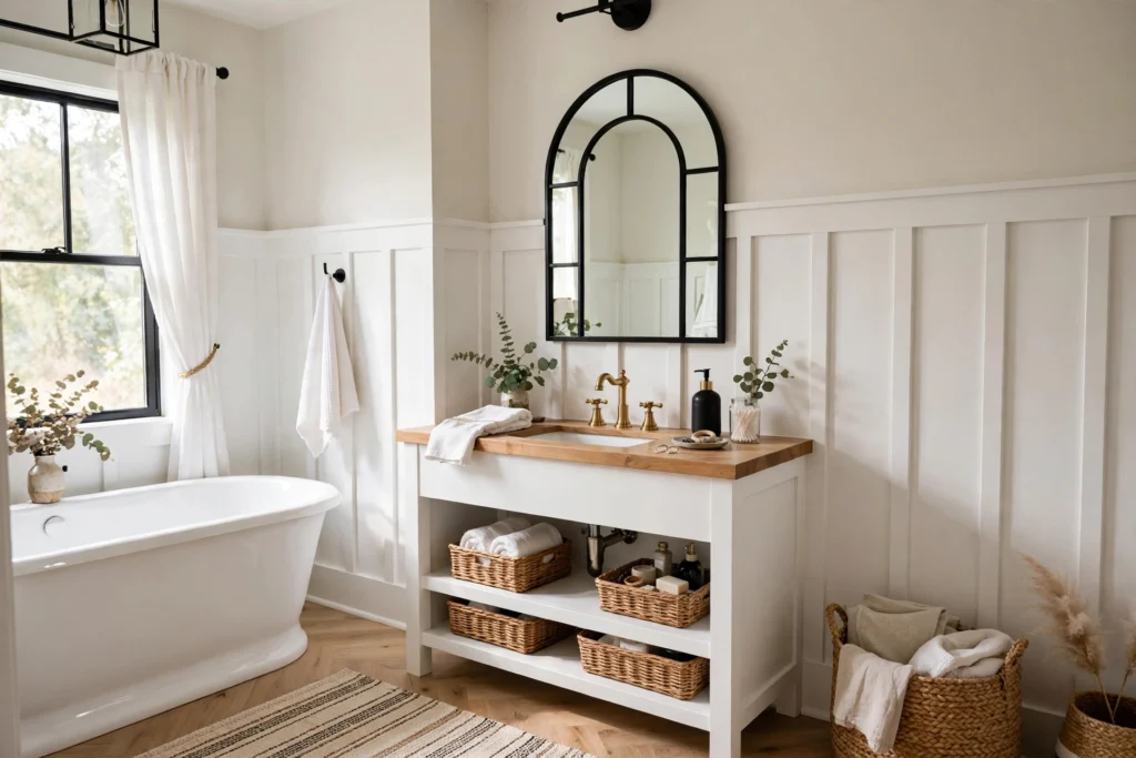 White board and batten wainscoting in a modern farmhouse bathroom
