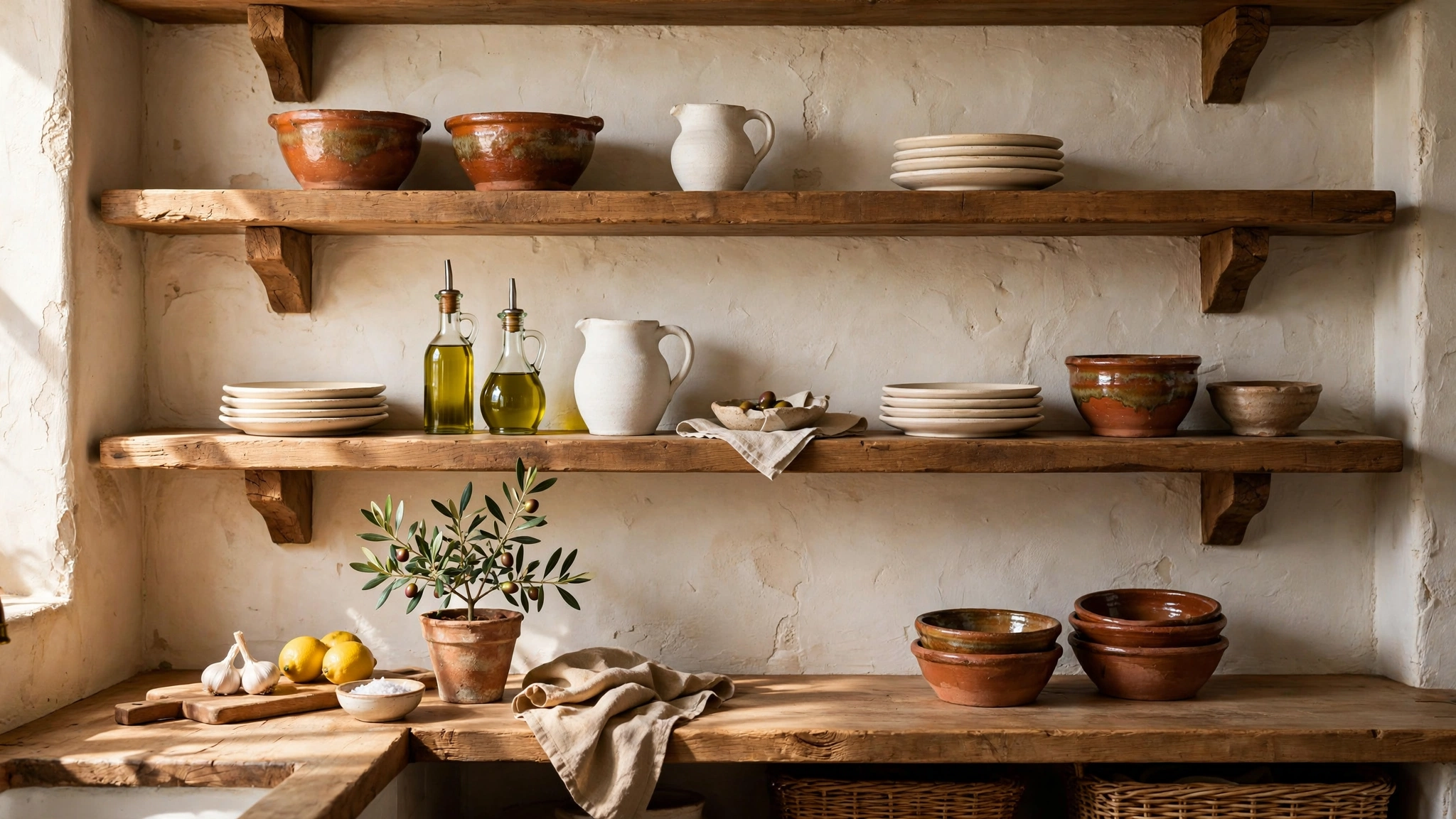 Open wood shelves styled with handmade terracotta ceramics in a Mediterranean kitchen