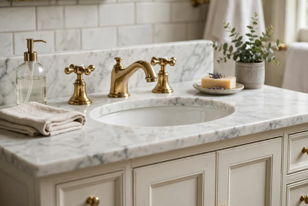Classic widespread faucet with separate handles on a marble vanity