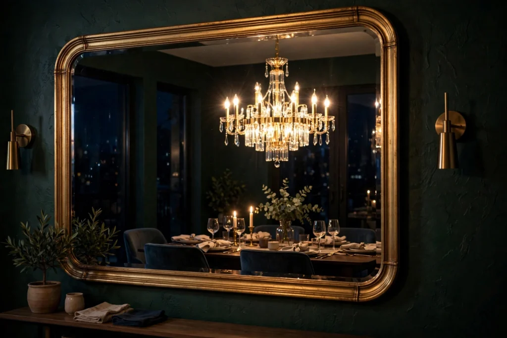 Wall mirror reflecting a glowing dining room chandelier at night