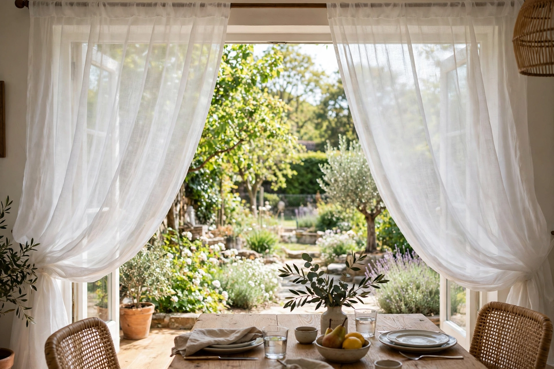 Sheer white curtains framing a garden view from a dining room