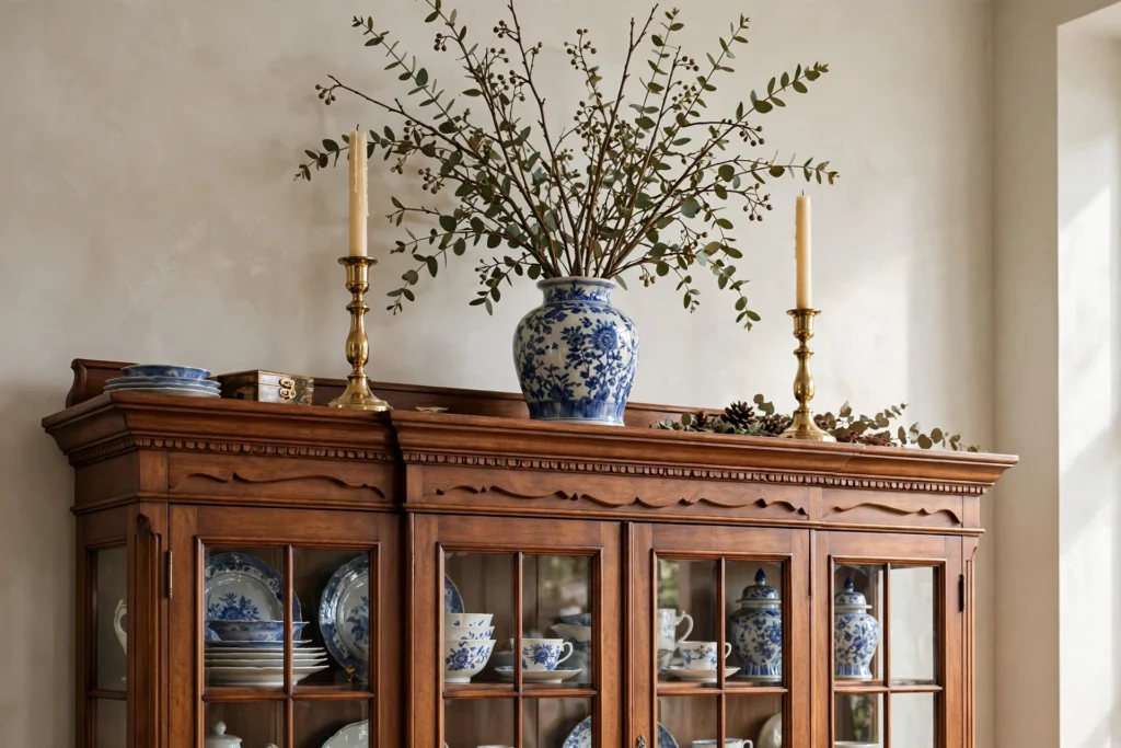 China cabinet top styled like a mantel with vase branches and candlesticks
