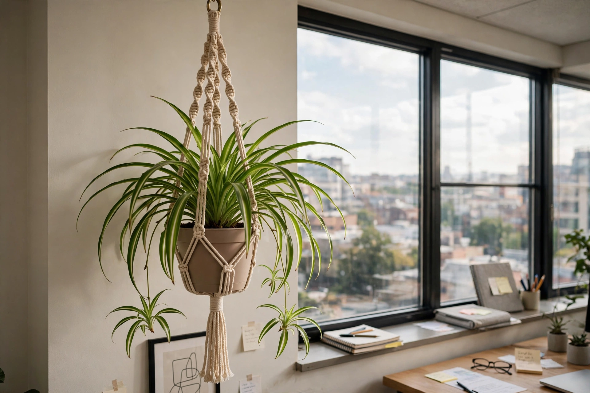 Hanging spider plant in a macramé holder beside an office window