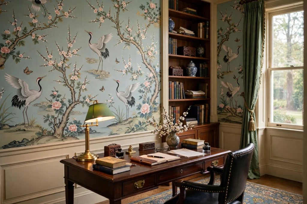 Chinoiserie wallpaper with cranes and blossoms in an elegant traditional home office